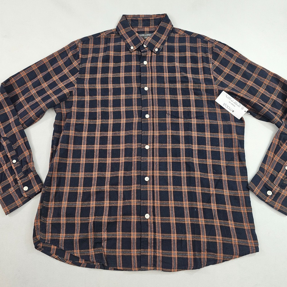 Slate & Stone Mens M Navy Orange Flannel Pocket Check Button-Up Shirt 8990
